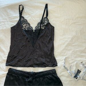 Elegant Black Lace Trim Pajama Set Victoria’s Secret & Vintage